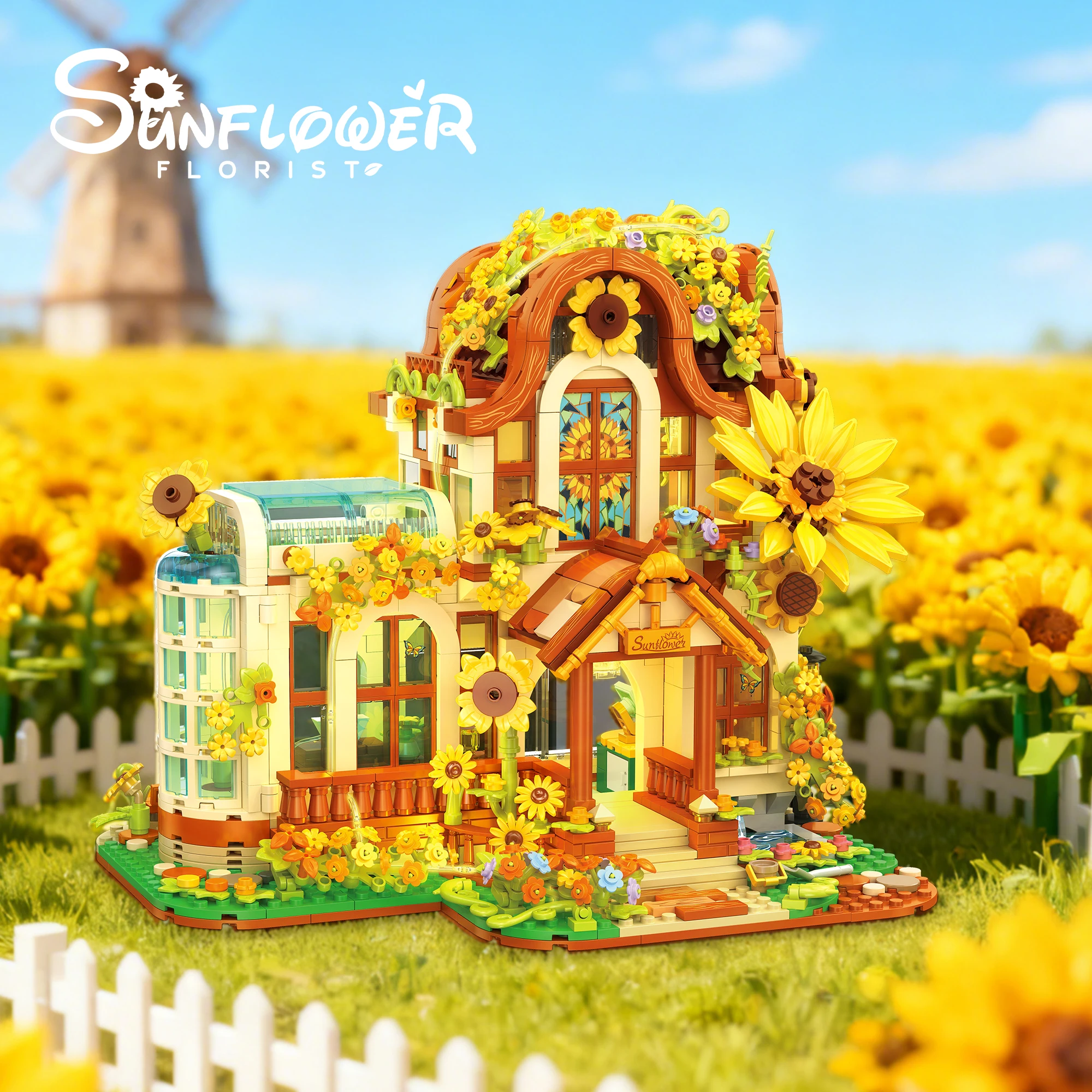 

JJ9204 City DIY Architectural Model Sunflower Workshop Building Blocks Set Assembled Toy Home Decor with Lights Birthday Gift