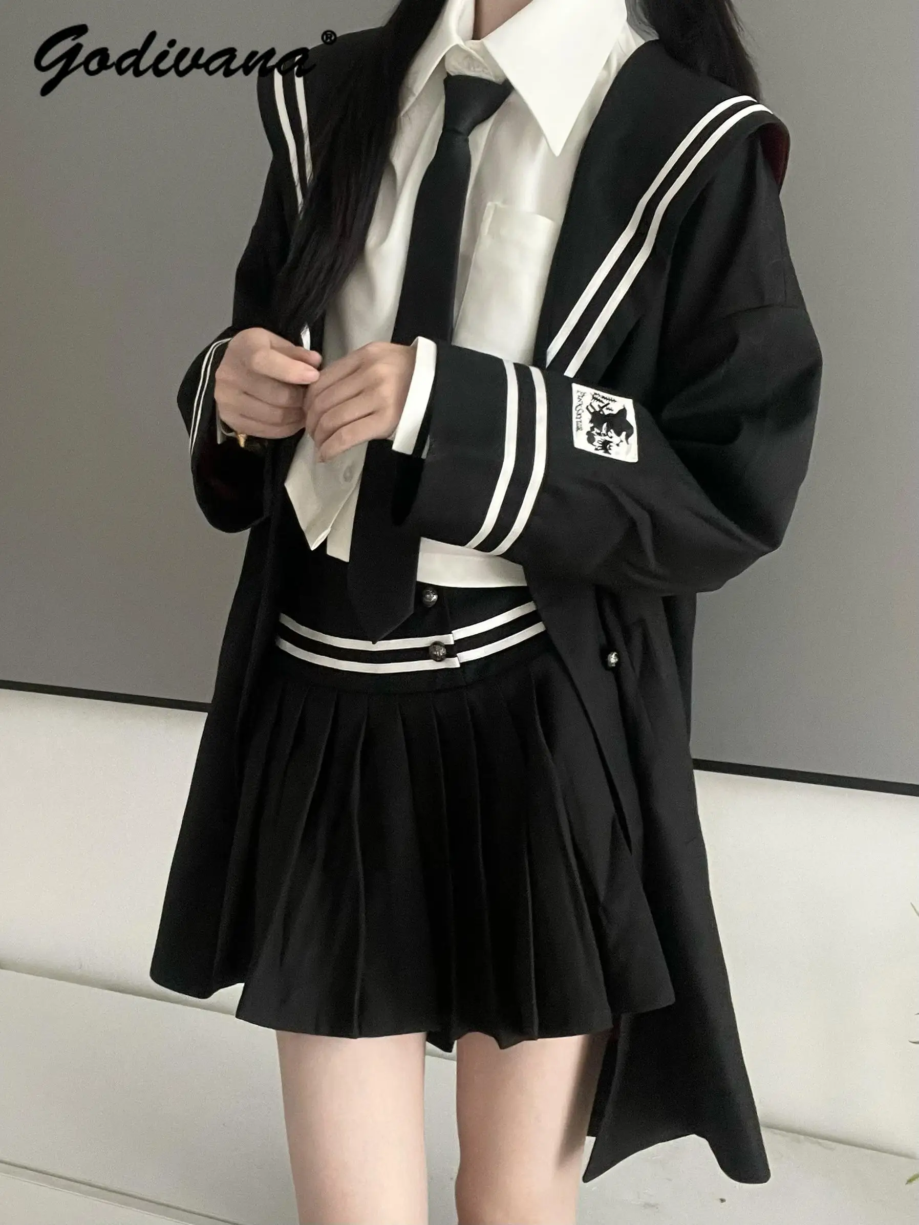 College Stye New Autumn Female Cool Hooded Trench Coat Long Sleeve White Shirt Short Pleated Skirt Women's Outfit Skirt Suits