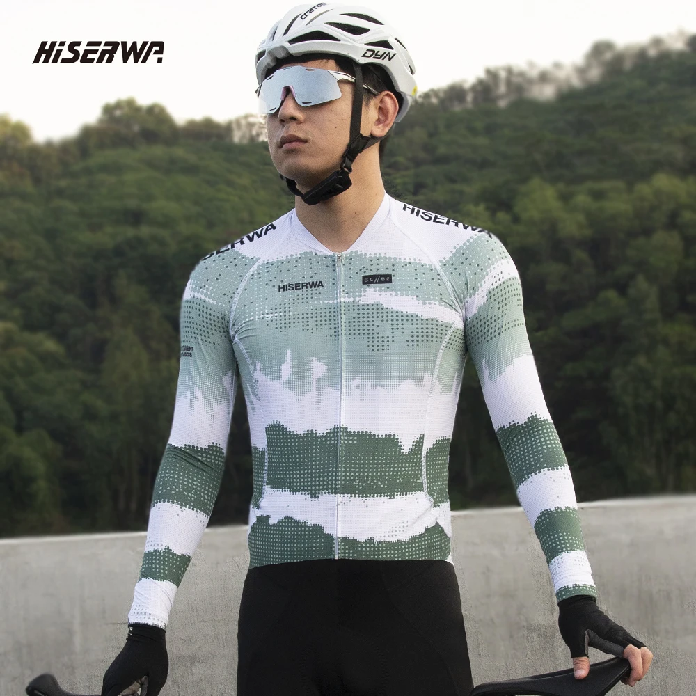 HISERWA Long Sleeves Men's Cycling Jersey Mountain Bicycle Jersey Bike Riding Clothing Reflective Full Zipper 3 Rear Pockets