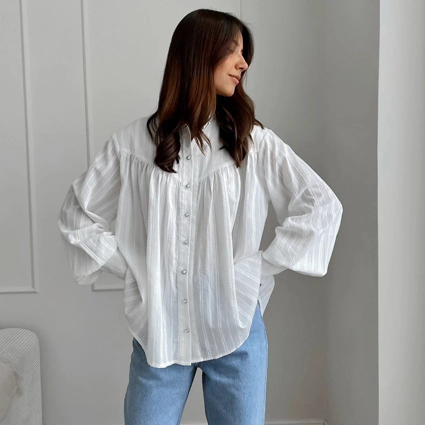 

2026 Spring Summer Woman Cotton White Office Shirts Female Casual Button Up Tops Street Chic Jacquard Long Sleeve Blouse