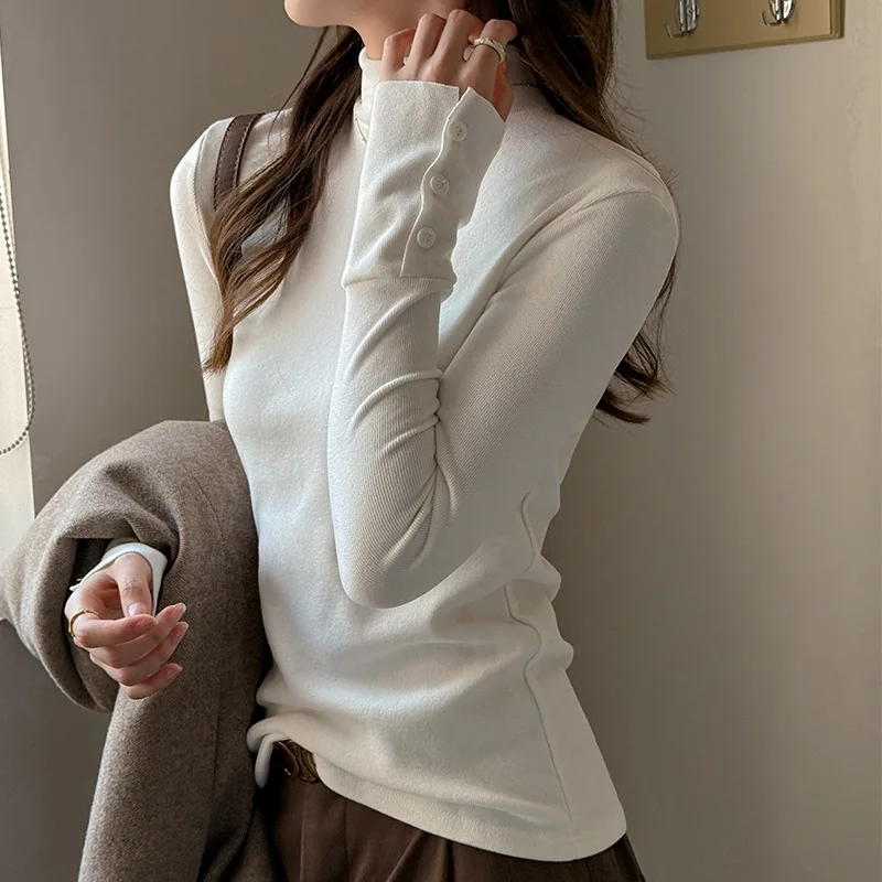 

White Imitation Cashmere Women's Base Shirt Autumn Winter Design Sense Half High Collar Warm Brushed Slim Fit Inner Wear Long