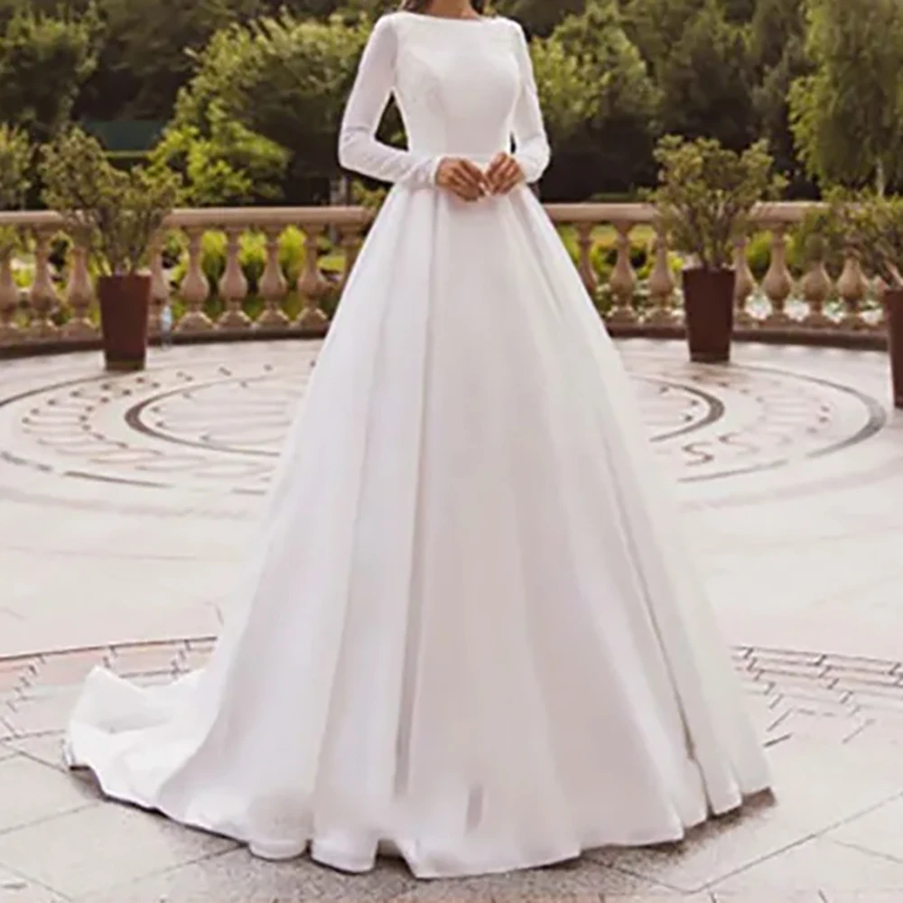 

Muslim Satin Wedding Dress Long Sleeve Boat Neck Applique A Line Draped Bridal Gowns Customized