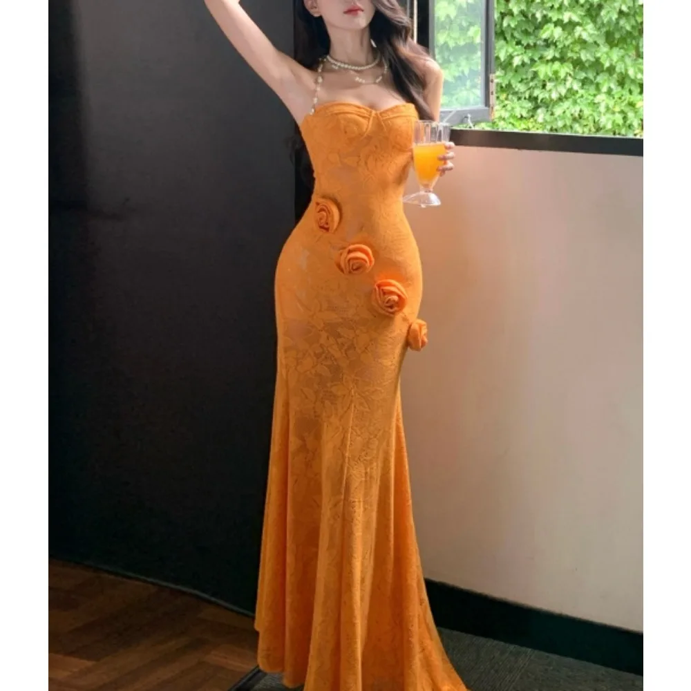 Chic vintage asymmetrical Strapless pencil dress Elegant Fairy korean fashion Boho Sundress women clothing Long dress