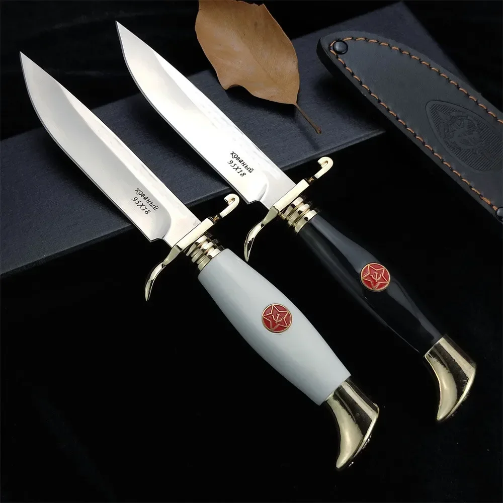 NEW Russian Finka NKVD Fixed Blade Knife 440C Blade Stainless Steel + Acrylic Handle Tactical Military Knife with Leather Sheath