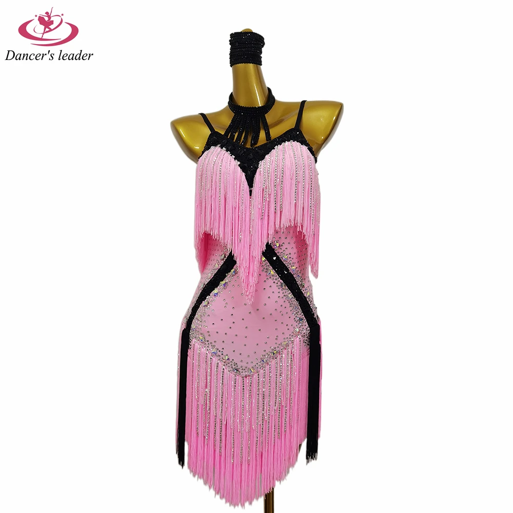 Latin Dance New High-end Custom Pink Sling Full Diamond Tassel Skirt Cha Cha Tango Women's Adult Stage Professional Clothing