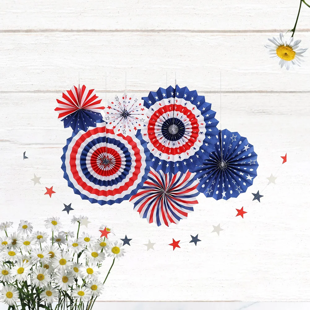 

7pcs Paper Fan Flower Banners Set Independence Day Party Decorations National Flag Star String Lights For Home Celebration