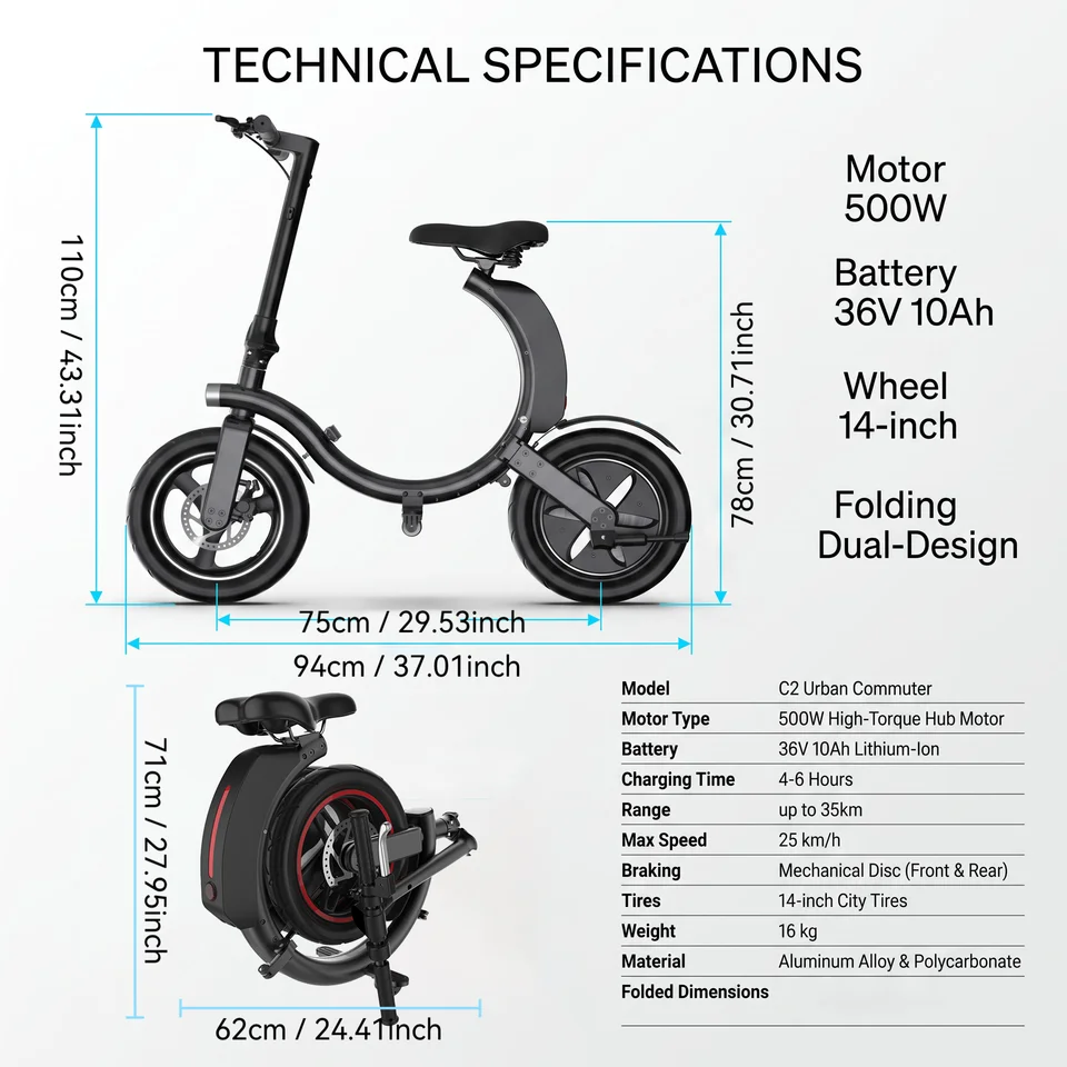 C2 Folding Electric Bike for Adults, 500W High‑Torque Hub Motor 36V 10Ah Lithium Battery, 25‑30 Miles Range, 14 Inch Urban Commuter E‑Bike with Disc Brake, Lightweight Foldable E‑Bicycle for City Travel image 7
