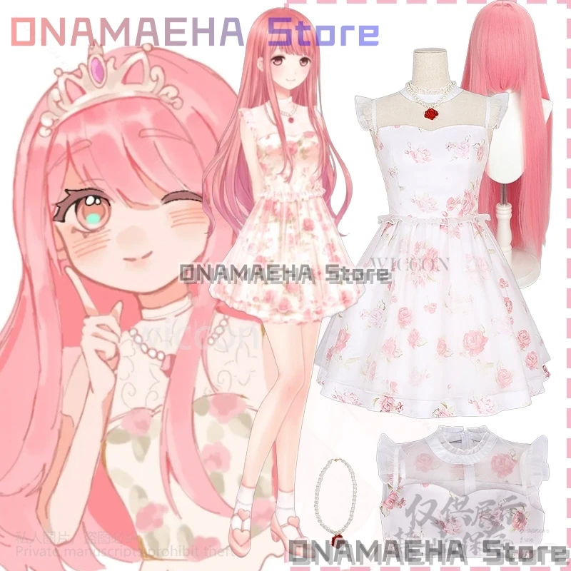 

Game Nikki Cosplay Anime Floral Print Mini Dress Sexy Lace Patchwork Suspender Tie Pink Lolita Jirai Kei Girls Wigs платье