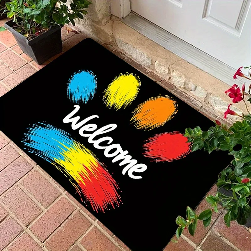 Graffiti “Welcome” Doormat – Paw Print, Cursive Script on Black, Colorful Splatter Design, Polyester, Dry Clean Only