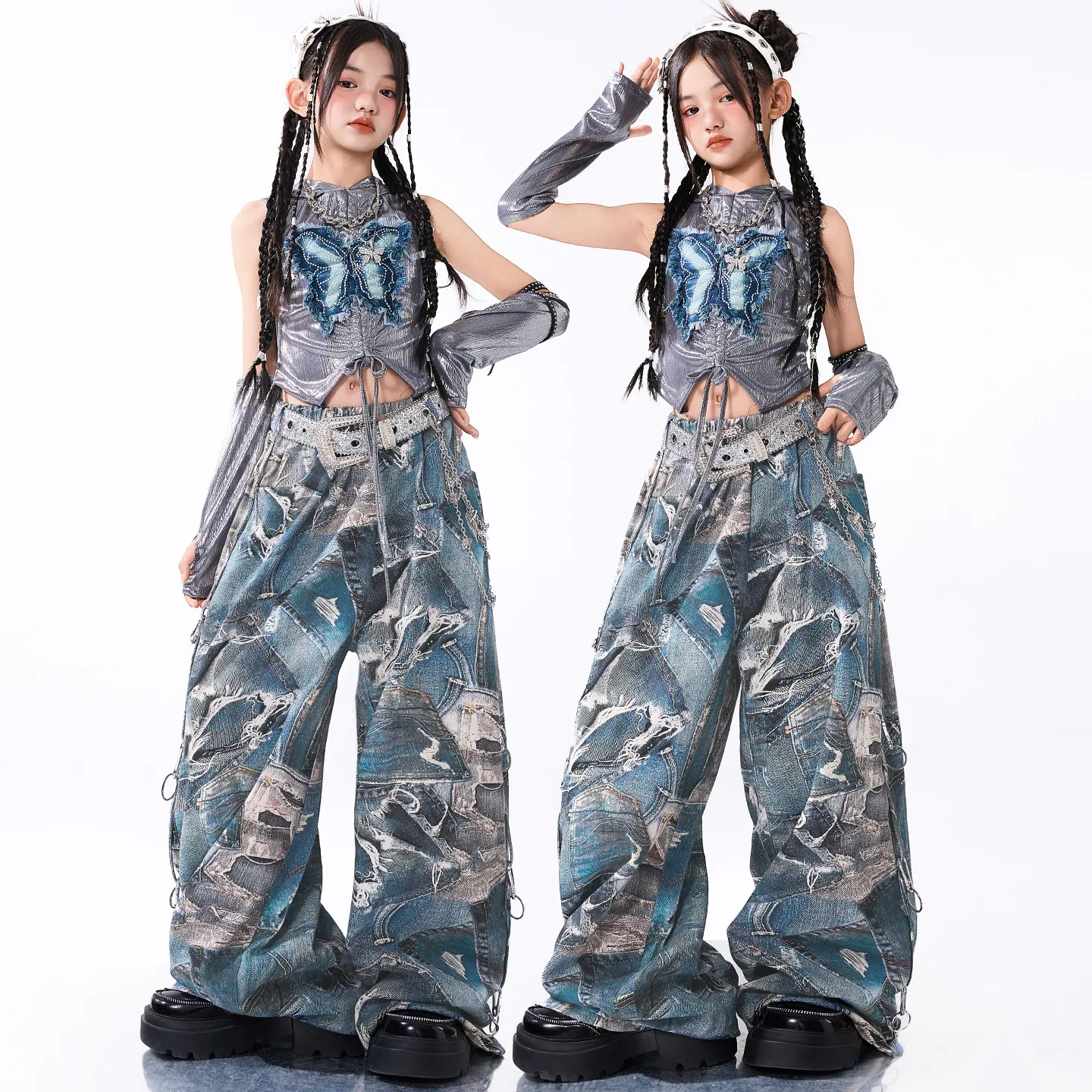 

2025 New Modern Jazz Dance Performance Costumes For Girls Crop Tops Loose Pants Street Dance Wear Hip Hop Rave Clothes DQS21207
