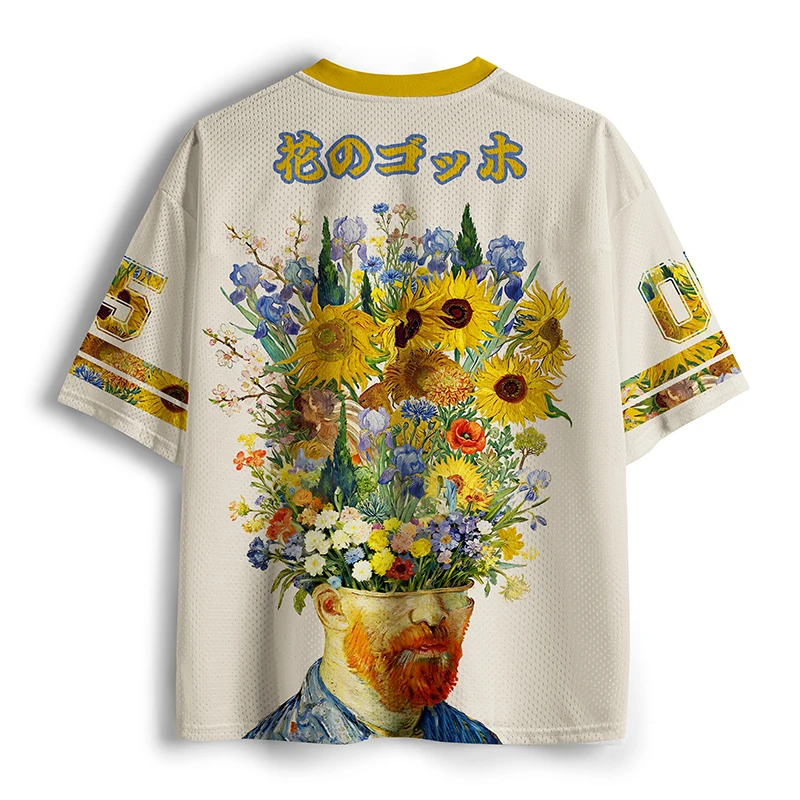 Men Women Van Gogh Sunflower Self‑Portrait Football Jersey Art Floral Vase Print V‑Neck Number 05 Short Sleeve Sports Tee Top