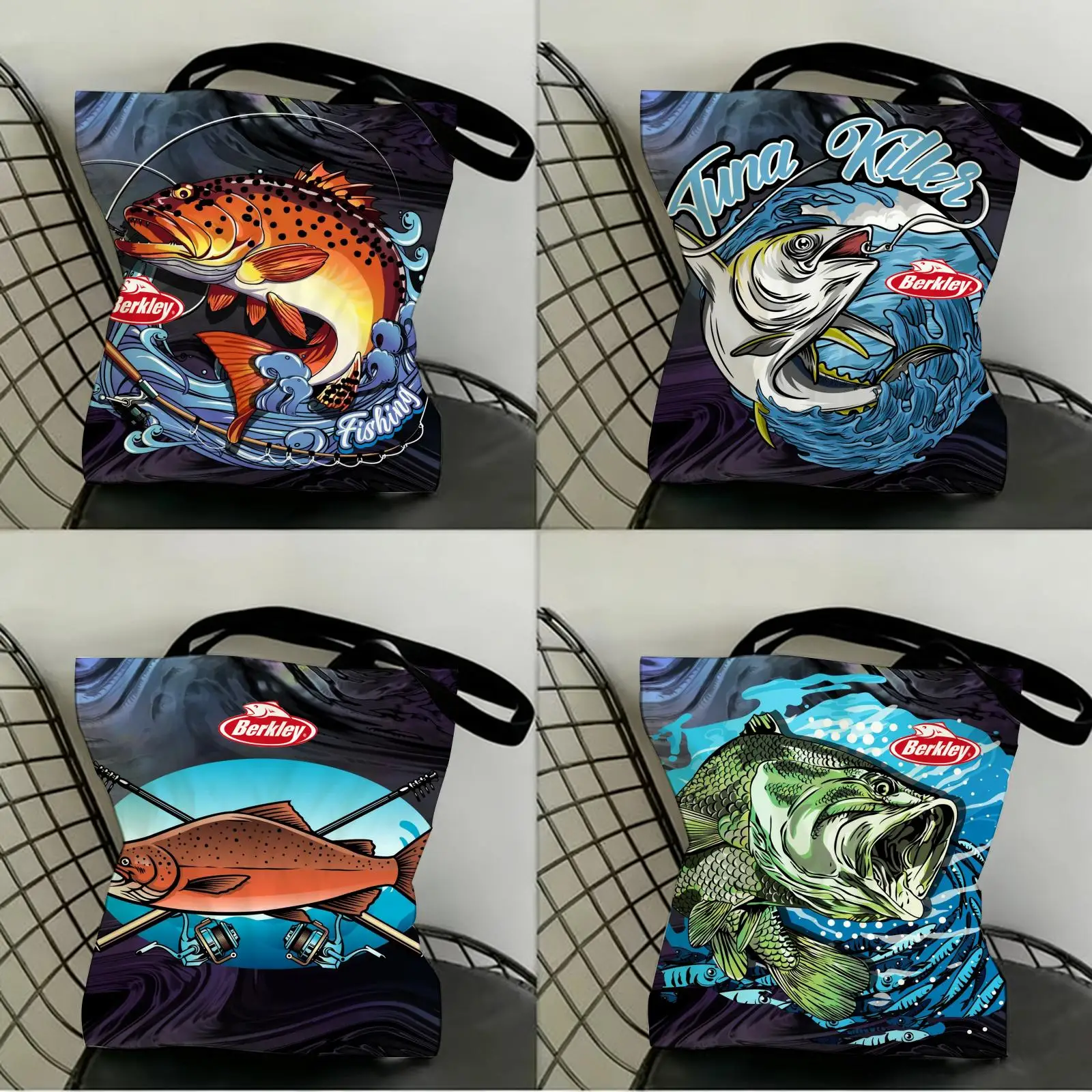 Popular Fishing Gear Brand B_Berkleys Storage Bags Canvas Double-Sided Print Shoulder Tote Shopping Bag Gift Eco Handbags