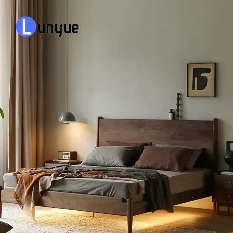 Solid Wood Bed Black Walnut Oak Cherry Nordic Japanese Retro Style Double Bed for Bedroom Simple Design Durable Furniture