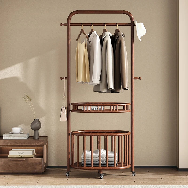

All solid wood coat rack Floor-to-ceiling bedroom hanger Living room simple with wheels removable storage dirty laundry basket r