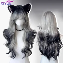 XIYUE Synthetic Long Wavy Ombre Grey Black Wig with Bangs Fluffy Women Lolita Cosplay Heat Resistant Wig for Daily Party