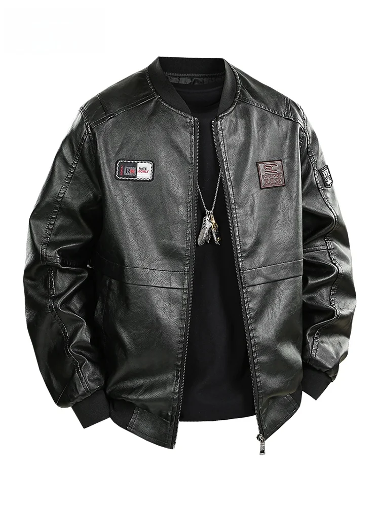 

Wassup American Sle Baseball Collar PU Leather Jaet Men's Fce Lined Motorcycle Jaet Warmth Vintage Sle Zipper Closure