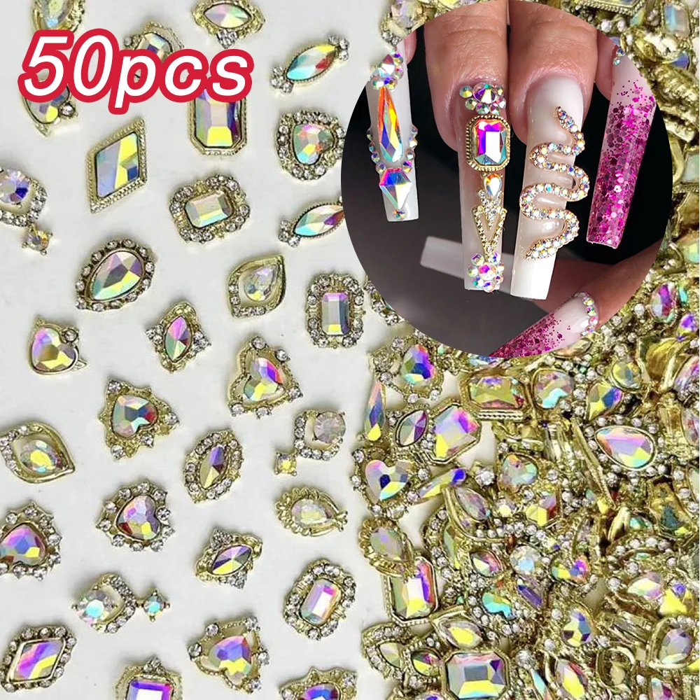 อัญมณีตกแต่งเล็บสีทอง Glam 50 ชิ้น รูปทรงผสมแบบหัวใจ/รูปไข่/รูปหยดน้ำ เพชรเล็บลายออโรร่า ประกายวิ้งๆ สุดหรู