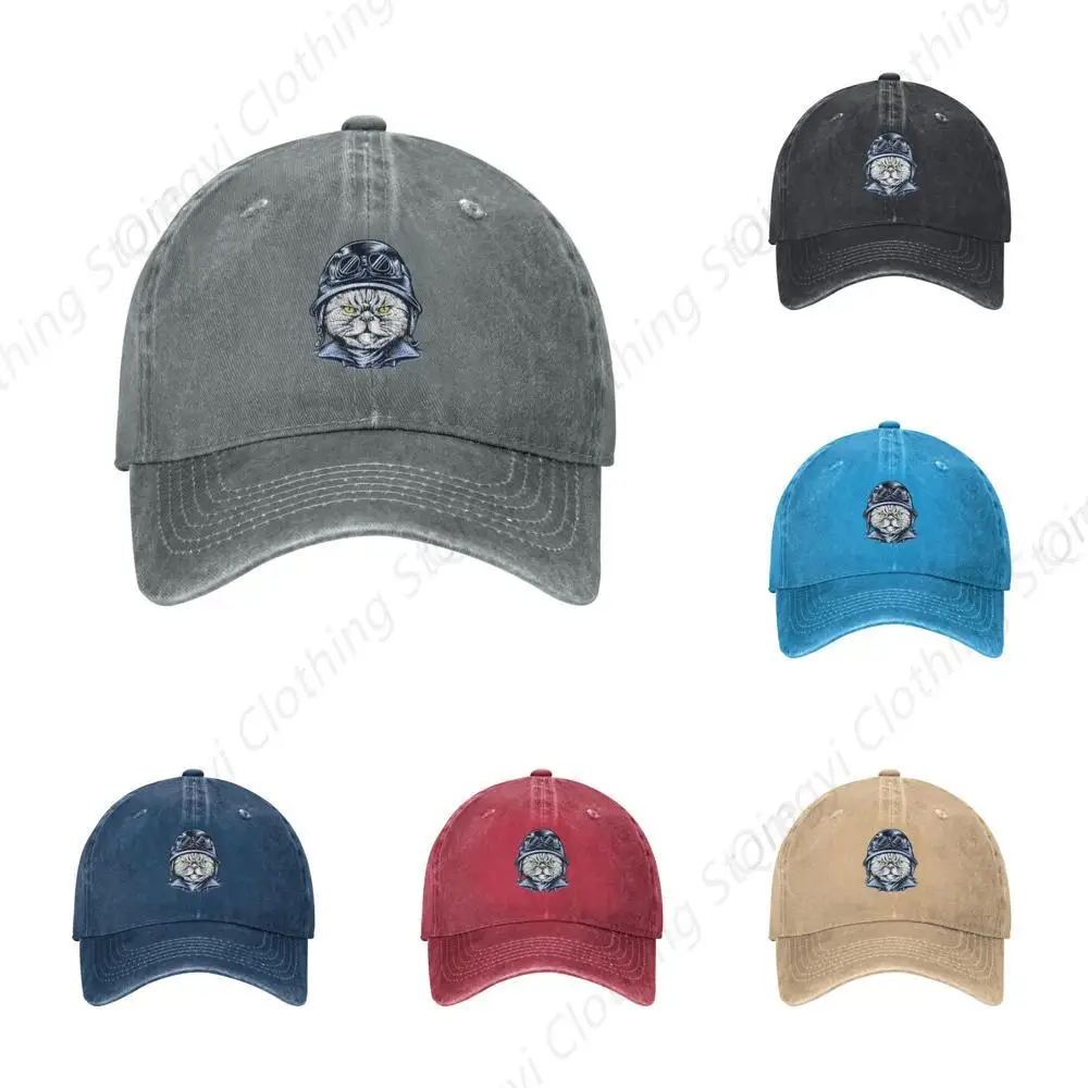 

Cat in Helmet Baseball Cap for Men Women Adjustable Vintage Washed Golf Dad Hat Cotton Hats Gray