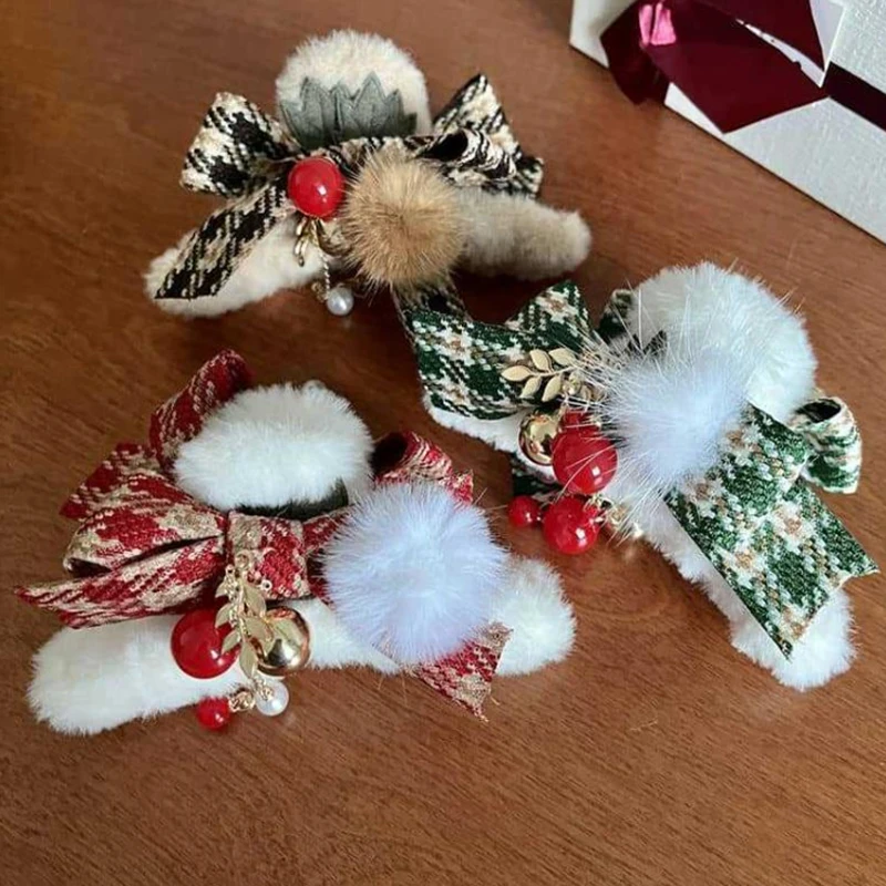 Pinzas para el pelo con lazo de felpa de Navidad para mujeres y niñas, horquilla con borla de campana bonita, accesorios para el pelo para fiesta de año nuevo, decoración de moda