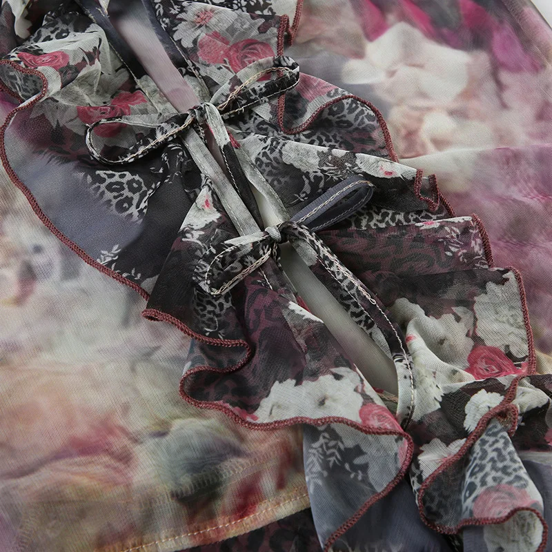 Économie à manches longues vintage pour femmes, Streetwear transparent, Crop, Mesh Print, Volants, Patchwork, Bandage, Grunge, Y2K, Y-90 s