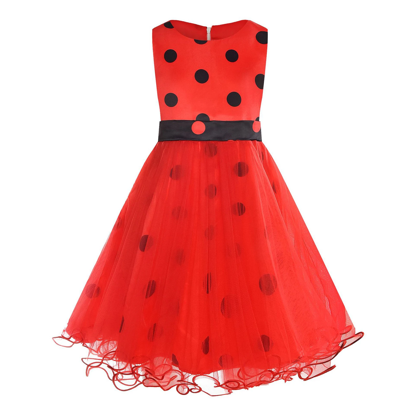

Girls Elegant Vintage Polka Dot Dress with Mesh Overlay And Invisible Zipper Perfect for Birthday Parties And Halloween Events