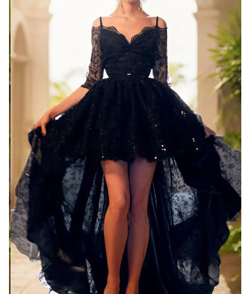 

Customized Sexy Lace A-Line Spaghetti Straps Sequined Evening Dress High Quality 3/4 Sleeves V-Neck Floor Length prom dresses