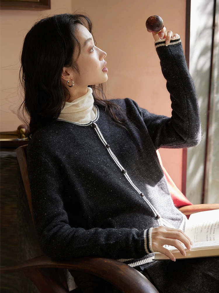 

Supmwos Осенний новый тонкий вязаный кардиган с цветными блоками, круглым вырезом, свитер-пальто для женщин, повседневный, стандартной длины, из смесовой шерсти