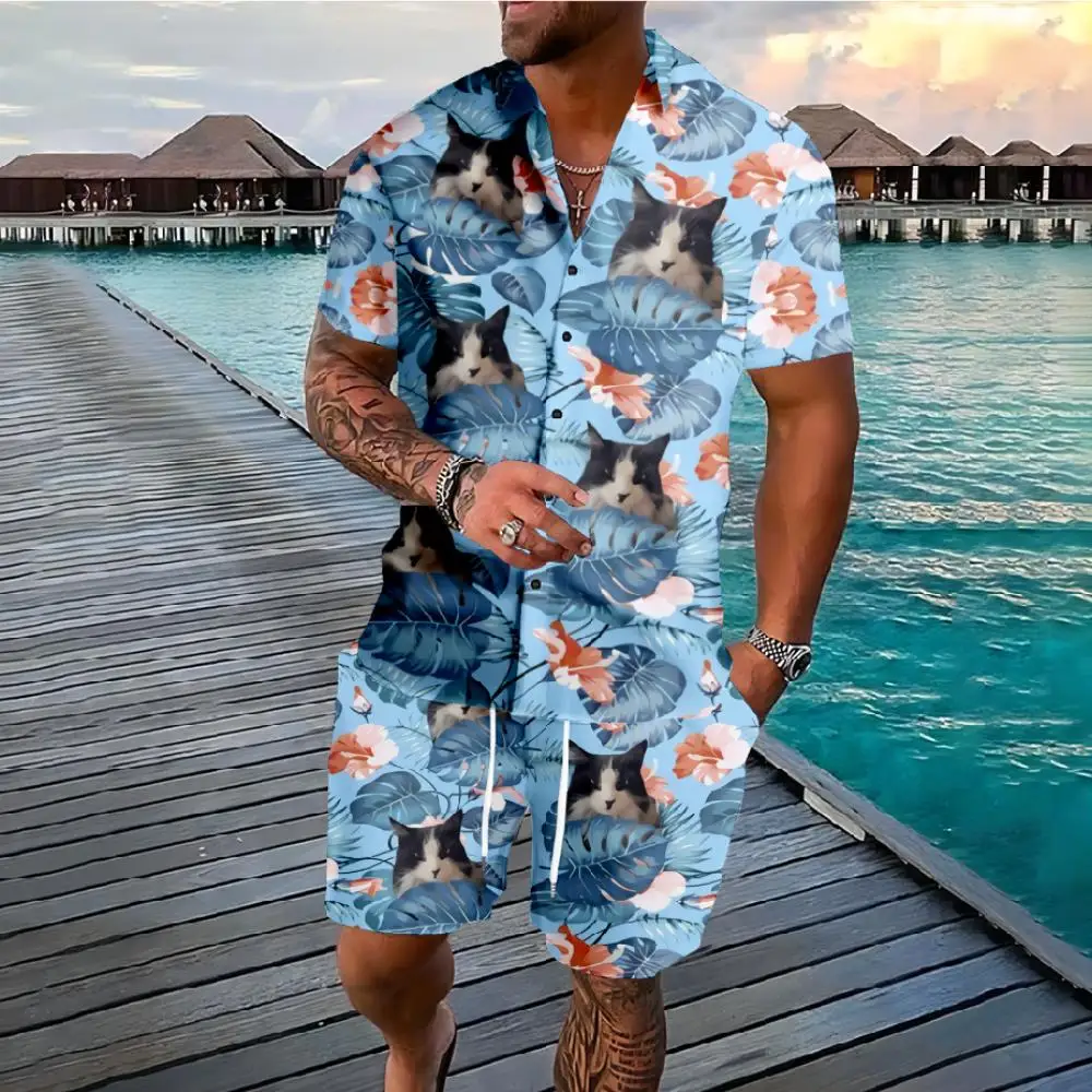 Set hawaiani Palm Tree Cute Dog Cats Button Shirts Shorts Summer Florals Colors Beach Hipster Streetwear tuta apparel uomo