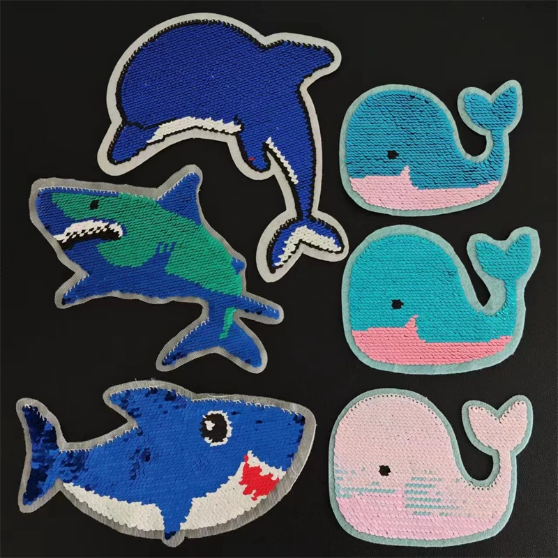 Reversible Sequin Shark Whale Dolphin Patch Embroidery Applique Double-Sided Two-Tone Design for DIY T-Shirts and Fabric