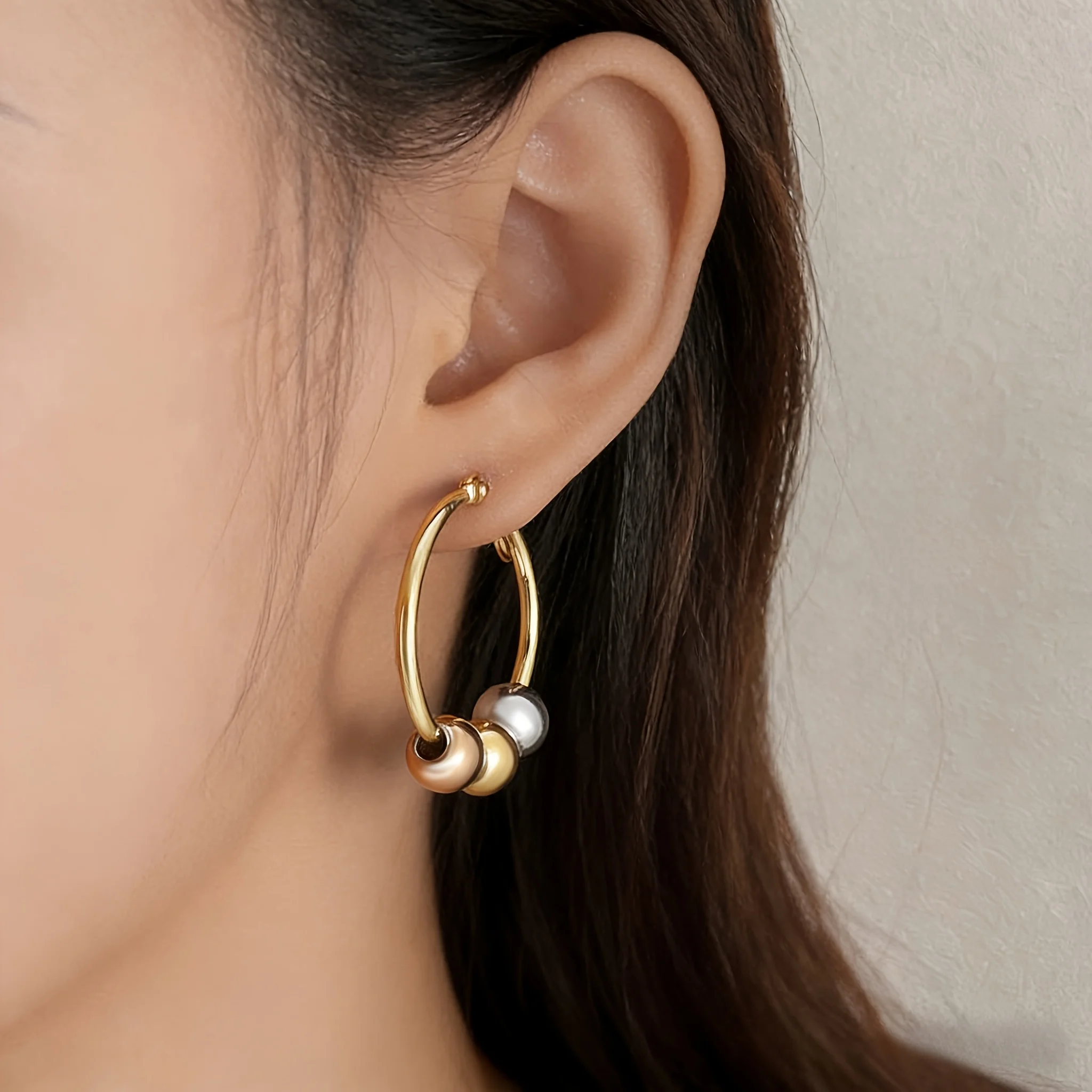 Two Tone Gold Silver Three Ball Huggie Hoop Earrings 316L Stainless Steel Mixed Color Polished Bead Minimalist Cold Style Anti T