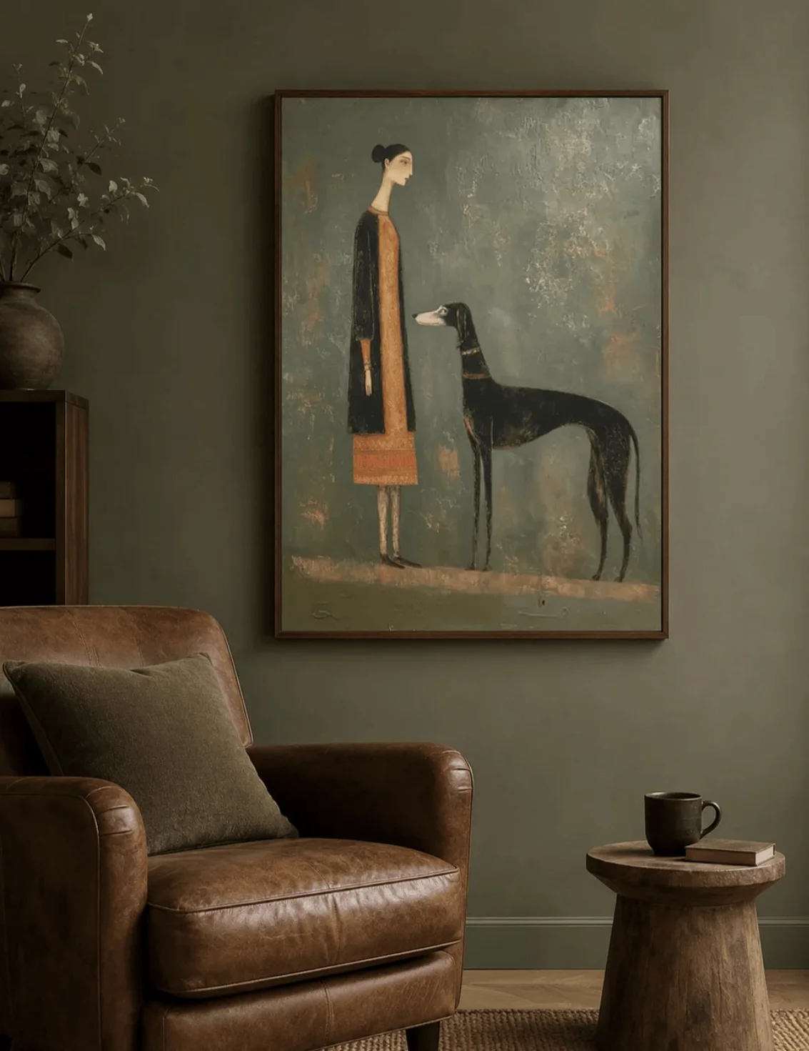Vintage Woman & Greyhound Dog Wall Art Canvas Prints, Abstract Portrait Posters, Muted Decor for Living Room Bedroom Decor