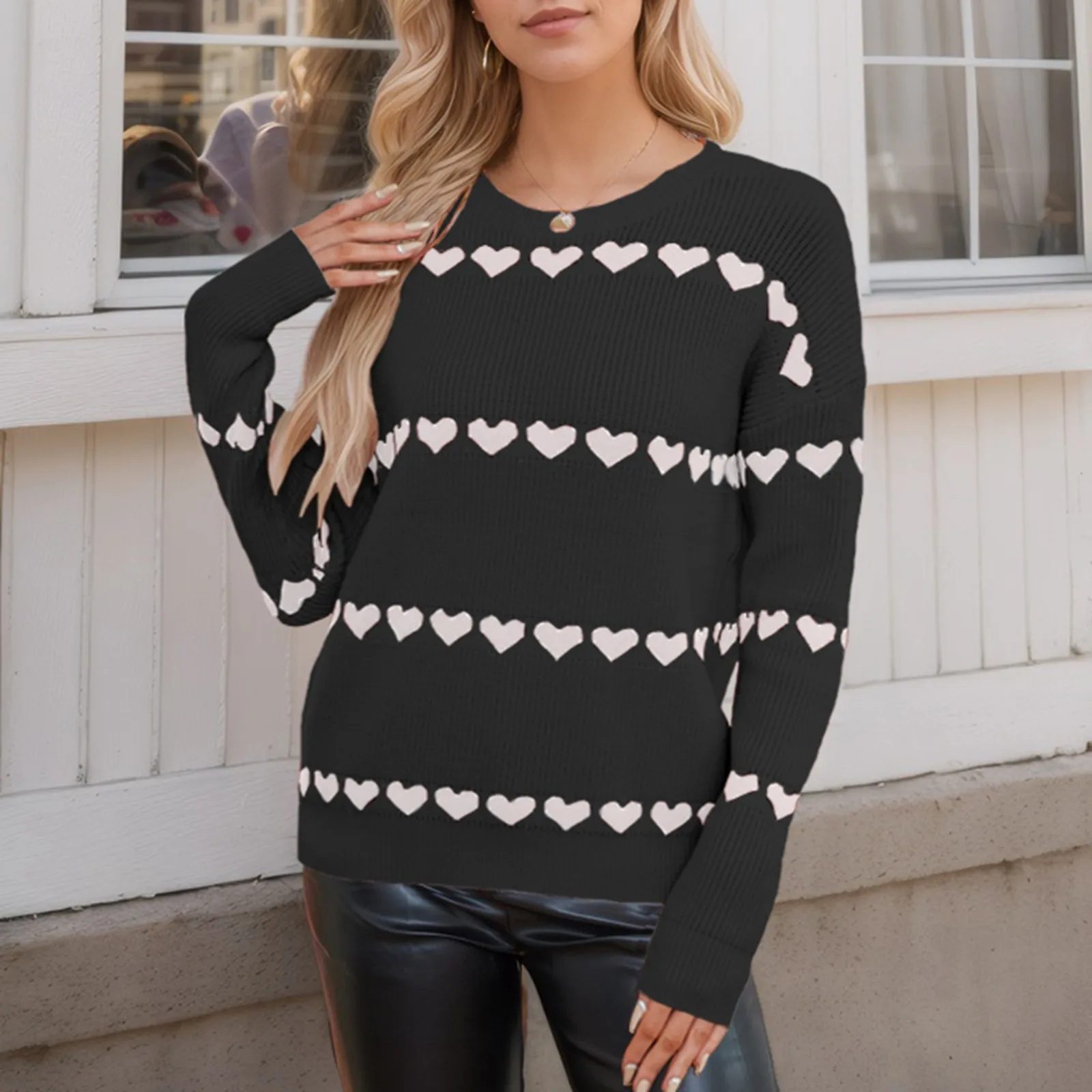 

Plus Size Women's Heart Sweater Cozy Mens Pullover Cardigan Women's V Neck Long Sleeve Striped Knitted Chunky Pullover Sweater