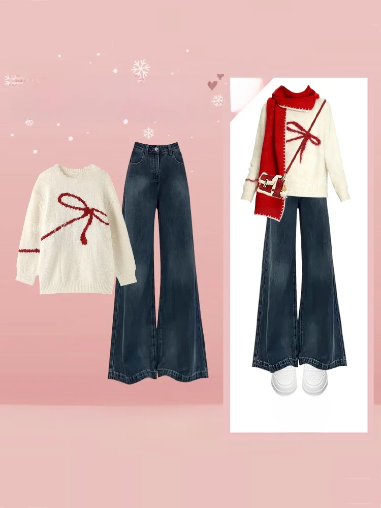 

Korean Style Winter Outfit Loose Knitted Sweater Design Bell Bottom Jeans Artistic Set Women's Fashion Ensemble High Waist