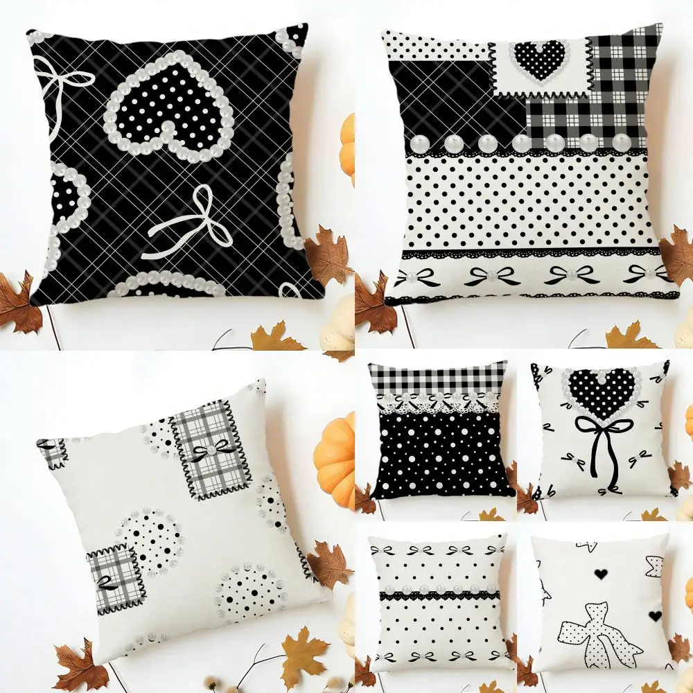 Elegant Delicate Sweet Black White Pearl Bow Cushion Cover Sofa Home Decor Living Room Accessory Holiday House Cushion Shell
