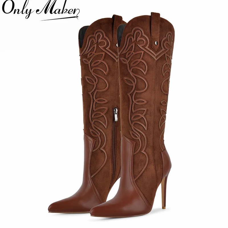 Onlymaker Damen-Stiefel mit spitzer Zehenpartie, bestickt, blauer Denim, Stiletto-Absatz, kniehohe Stiefel, seitlicher Reißverschluss, modische Stiefel in Übergröße