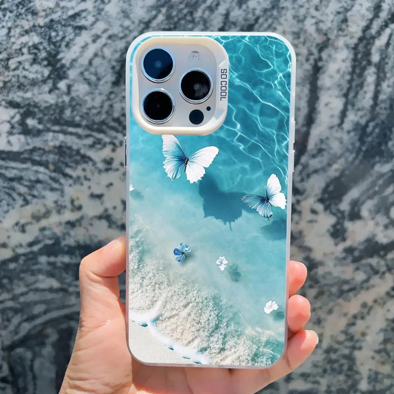 Blaue Schmetterling-Ozeanwellen-Handyhülle für iPhone 14 13 12 11 Pro Max 17 16 15 Pro Max 13 Mini 16 14 Plus Stoßfeste Laser-Cover – Detail 9