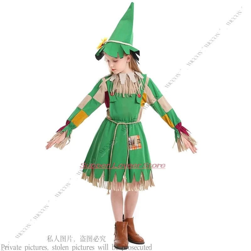 Costume per bambini di Halloween vestito da burattino per due ragazze finto verde con toppa floreale Costume di paglia Cosplay Halloween Party Set