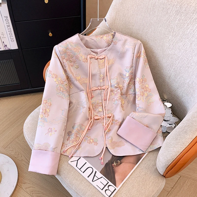 

Pink New Chinese Style Buckle Crew Neck Coat Women's Early Spring Design Sense Embroidered Long-Sleeved Top