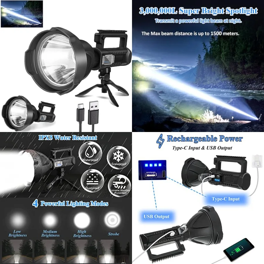 

Rechargeable Spotlight, High Lumens Led Spot Lights Outdoor Handheld Super Bright Long Range Powerful Flashlight XXL