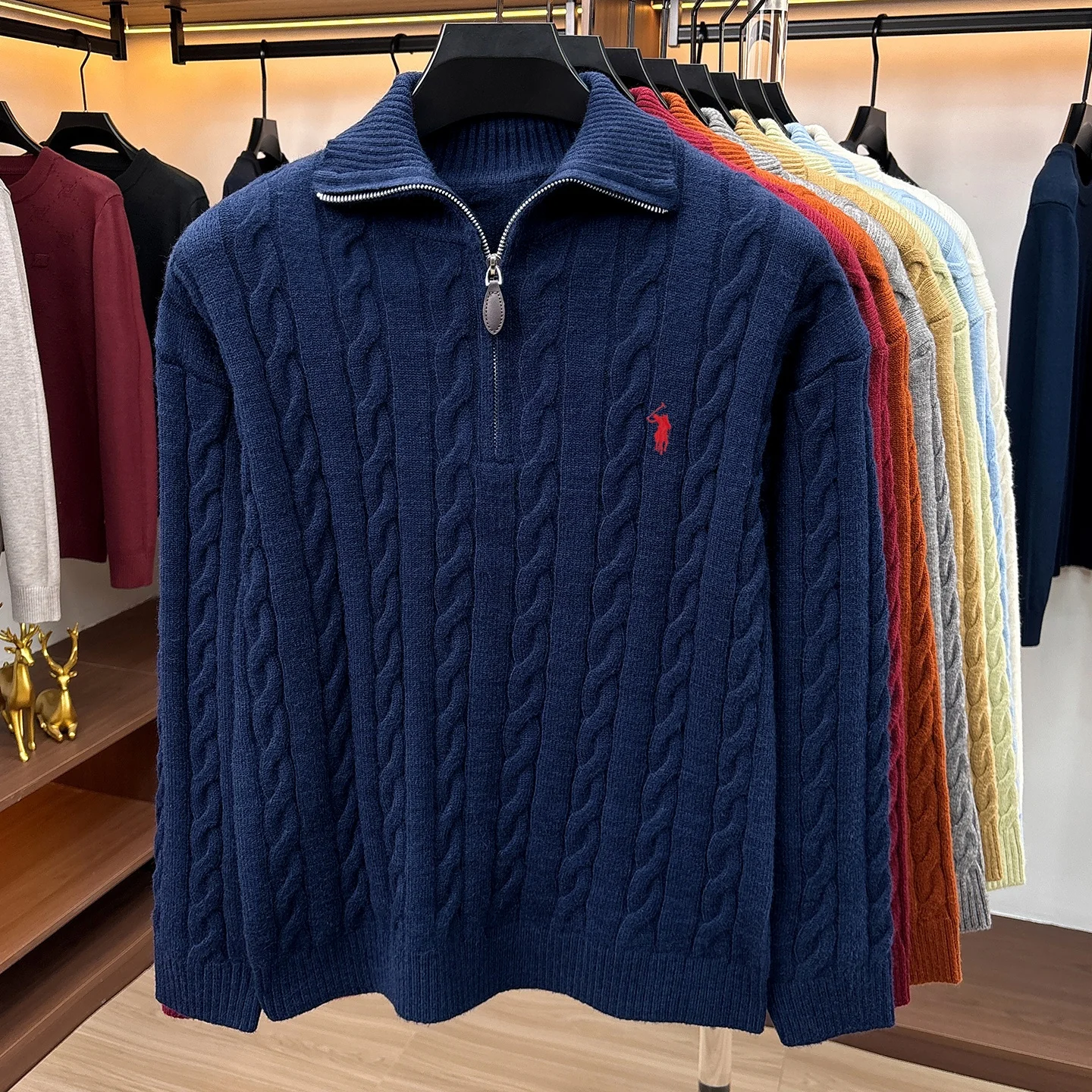 Herbst Winter Neuer Pullover Klassische Mode Jacquard Herren Retro Reißverschluss Stehkragen Luxus Paul Pony Stickerei Lässiger Strickpullover – Detail 29