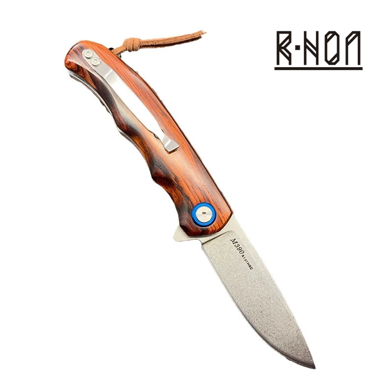 

RHON 2.95inch Outdoor M390 Powder Steel Stone Washed Pocket Knife EDC Camping Slicing Fliper Folding Knives with Wooden Handle