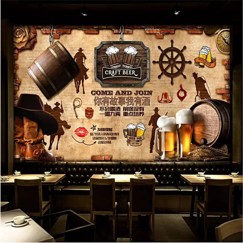 European and American Style Retro Wood or Brick Wall Cowboy Beer Mural Wallpaper 3D Restaurant Bar KTV Winery Walls Decor Murals