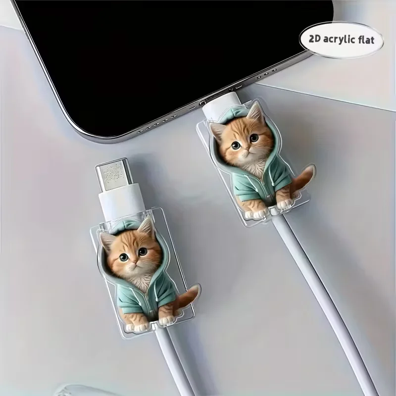 Two Cartoon Cat-Shaped Data Cable Protectors, Suitable for Type-C/Charging Interface to Prevent Charging Cable Breakage.