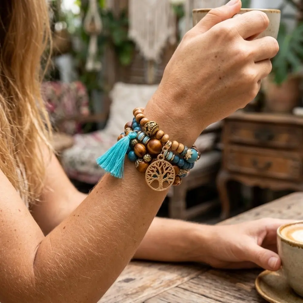 Noter Bohemian 4Pcs Per Set Women Stackable Bracelets Natural Wooden Braslet Tree Of Life Charm Braclet Perfect Gift For Her