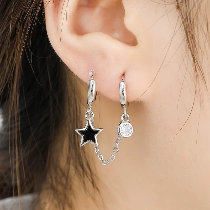 1PCS Silver Plated Two Ear Hole Earrings For Women Fashion Jewelry Exquisite Tassel Zircon Star Earring Party Accessories E177