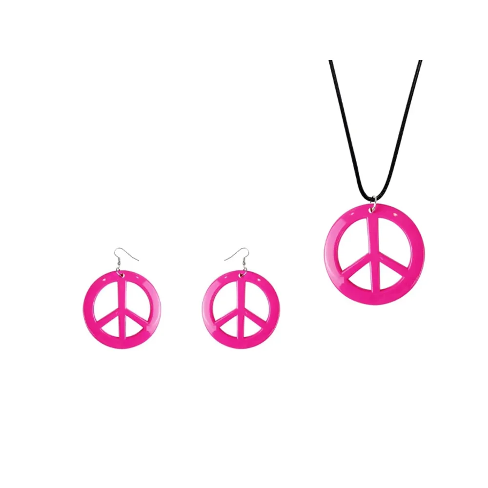 PESENAR 1960er Retro 3-teiliges Set: Blumenhalsband, Friedenszeichen-Schmuck und runde rosa Sonnenbrille für Mottopartys der 60er Jahre