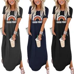 New Summer Women's Loose Dress Good Vibes Rainbow Beach Stretch Sports Casual Pocket Print Long Skirt