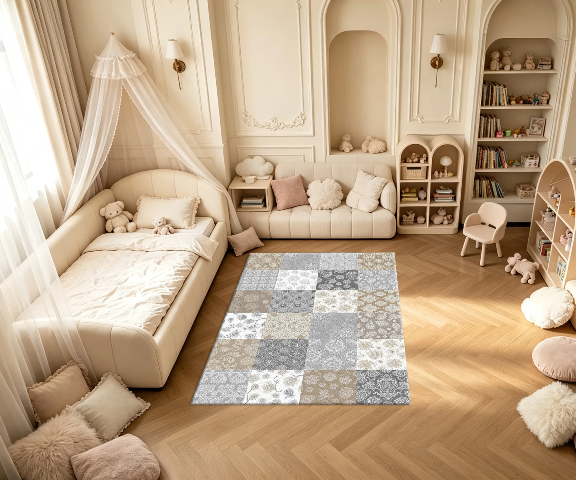 Vintage Patchwork Floral Paisley Carpet Flooring Neutral Beige Grey Multi‑Pattern Spliced Printed Square Floor Rug for Apartment Decor