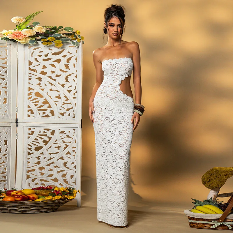 YUZHEXI zijgesneden strapless magere witte kanten jurk dames romantische mouwloze feestjurk