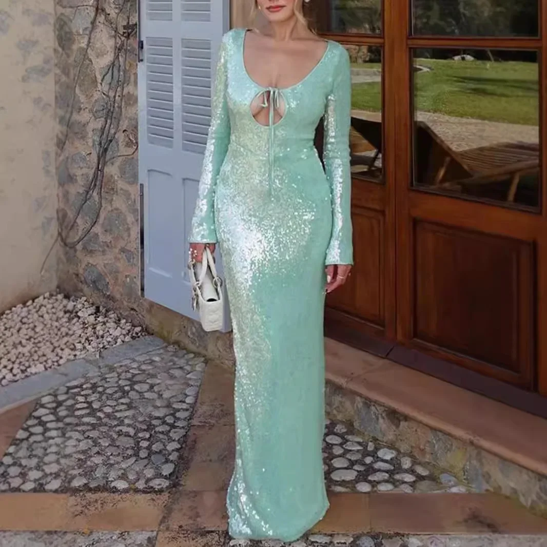 Oligai Autumn Long Sleeve Formal Occasion Dresses for Women 2024 Sequins Elegant Maxi Dress Green Wedding Guest Party Dresses